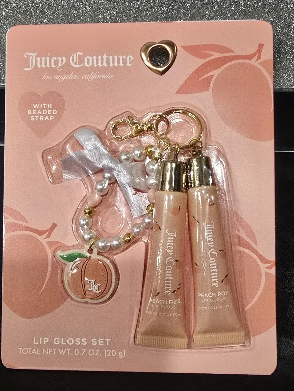 Juicy Couture Peach Lip Gloss Duo w/Beaded Charm Strap